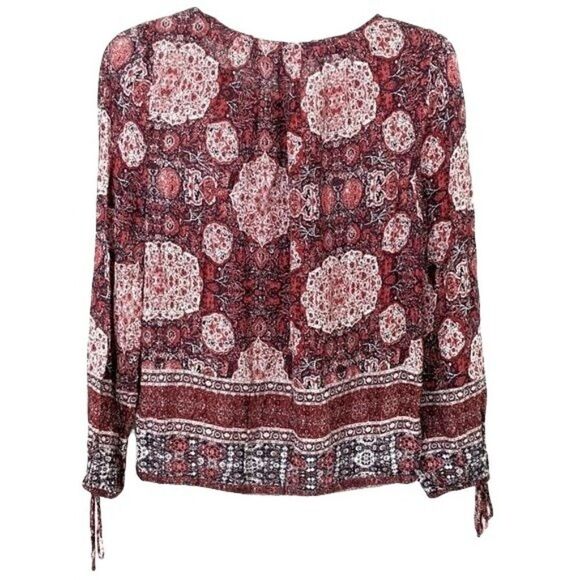 Lucky Brand Peasant Blouse Red Geometric Boho 70s Influenced Retro Button XS - Picture 2 of 8